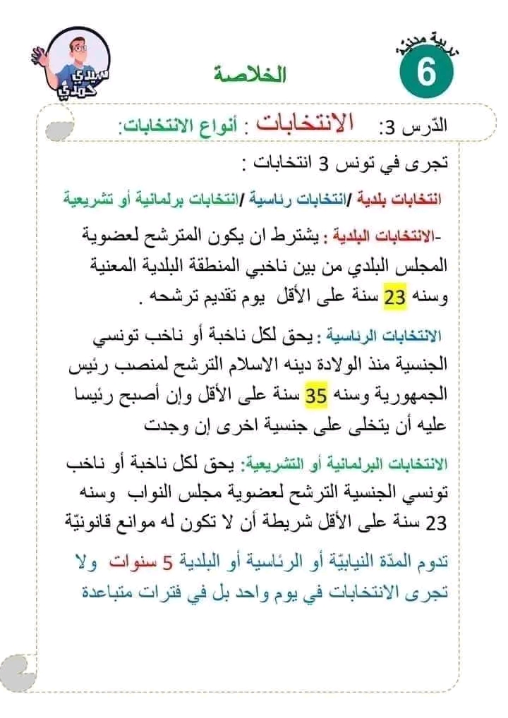 تلخيص الانتخابات سنة سادسة ابتدائي