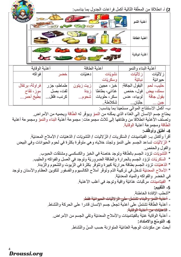 تمارين حول المجموعات الغذائية