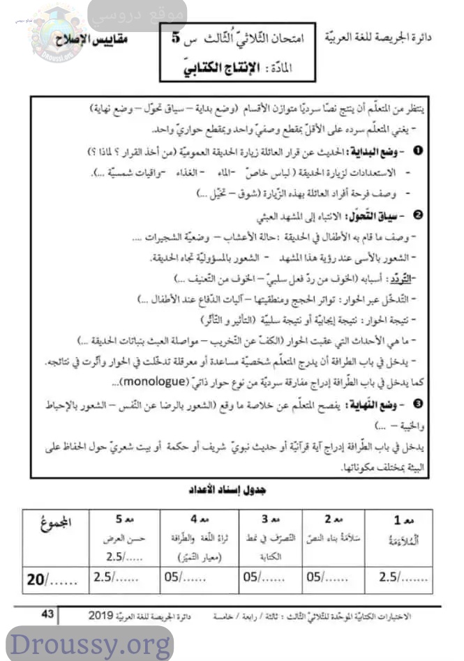 امتحان إنتاج كتابي سنة خامسة ثلاثي ثالث مع الاصلاح